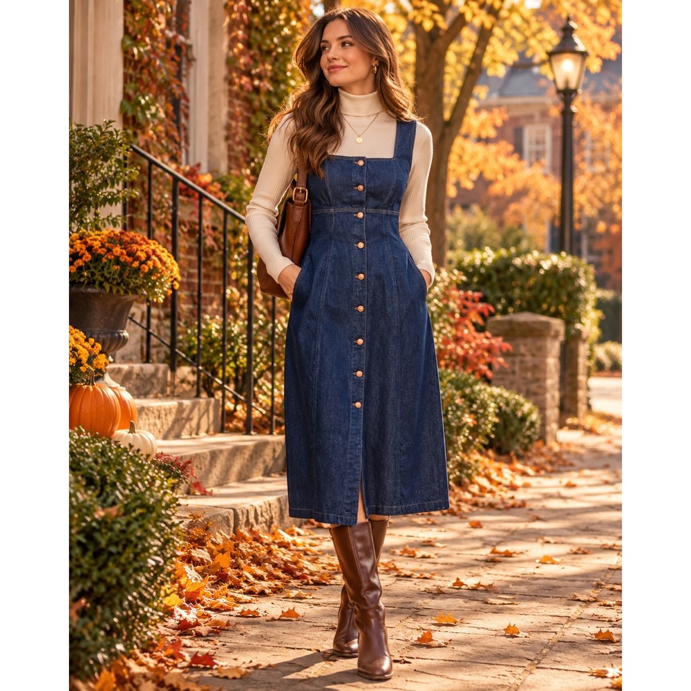 Madewell Denim Button Front Midi Dress Blue Square Neck Pinafore Size 12